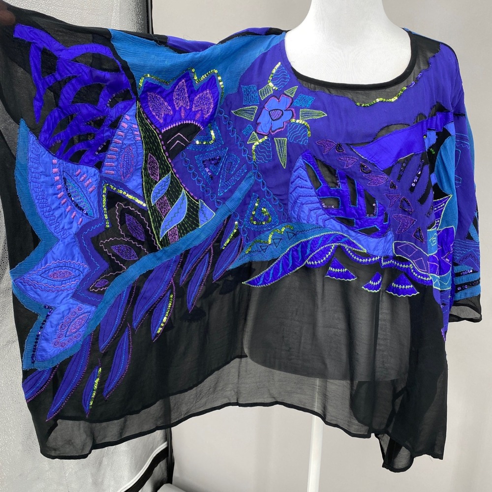 Vtg 90s Chicos Silk Applique Embroidered Poncho Top Womens Size S/M Blue Sequin
